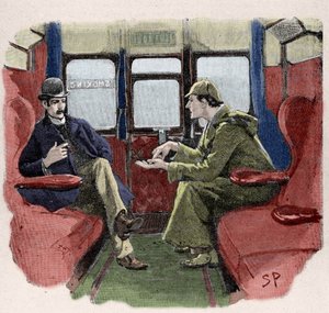 Silver Blaze: Sydney Pagets Illustration eines Sherlock-Holmes-Abenteuers. Der berühmte Detektiv wird mit Dr. Watson in einem Zug dargestellt. Veröffentlicht im „The Strand Magazine“. Geschichte von Conan Doyle. 1892 von Sidney Paget