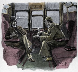 Silver Blaze: Sydney Pagets Illustration eines Sherlock-Holmes-Abenteuers. Der berühmte Detektiv wird mit Dr. Watson in einem Zug dargestellt. Veröffentlicht im „The Strand Magazine“. Geschichte von Conan Doyle. 1892.
