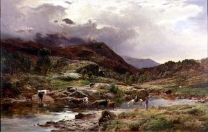 Eine bergige Flusslandschaft mit Vieh im Vordergrund