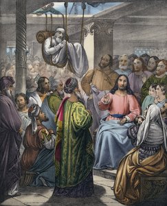 Die Lähmenden werden von ihren Freunden zu Christus gebracht (farbiger Stich)