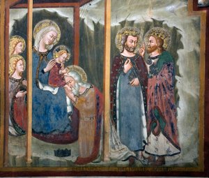 Anbetung der Heiligen Drei Könige. Fresko der Schule von Siena. 14. Jahrhundert. Kapelle der Jungfrau. Kloster von San Benedetto (Sacro Speco), Subiaco (Rom), Italien