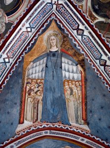 Darstellung der Jungfrau Maria, Mutter der Kirche. Fresko der Kapelle der Jungfrau, geschaffen von der Schule von Siena im 14. Jahrhundert - Kloster St. Benedetto (Sacro Speco), Subiaco (Rom), Italien von Sienese School