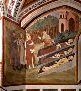 Das Treffen der drei Lebenden und der drei Toten (oder Dikt) Die drei Lebenden und ein Einsiedler vor den drei Särgen, die Leichen in verschiedenen Stadien der Verwesung präsentieren. Detail eines Freskos der Schule von Siena (14. Jahrhundert) 1363-1366 Kl von Sienese School