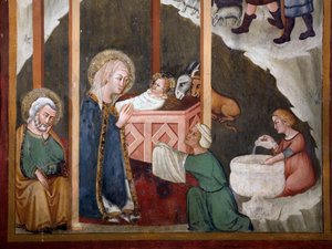 Die Geburt Christi (Fresko der Schule von Siena, 14. Jahrhundert, Kapelle der Jungfrau, Kloster von San Benedetto) von Sienese School