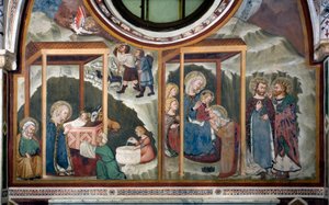 Die Geburt und Anbetung der Heiligen Drei Könige Fresko der Schule von Siena. 14. Jahrhundert. Kapelle der Jungfrau. Kloster von Saint Benedetto (Sacro Speco), Subiaco (Rom), Italien