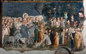 Der Einzug in Jerusalem (Fresko der Schule von Siena, 14. Jahrhundert, Oberkirche, Kloster von San Benedetto) von Sienese School
