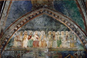 Die zwölf Apostel (Detail) eines Freskos der Schule von Siena. 14. Jahrhundert. Kloster St. Benedikt (Sacro Speco), Obere Kirche in Subiaco (Rom), Italien von Sienese School
