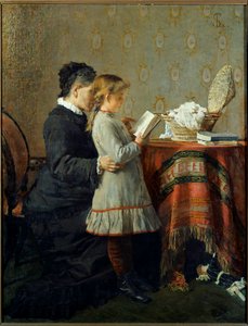 Lesestunde. Eine Krankenschwester bringt einem kleinen Mädchen das Lesen bei. Gemälde von Silvestro Lega (1826-1895)