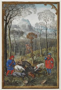 Kalenderminiatur für Dezember, die eine Wildschweinjagd zeigt von Simon Bening