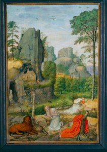 Landschaft mit dem reuigen Heiligen Hieronymus und der Heilung des Löwen von Simon Bening