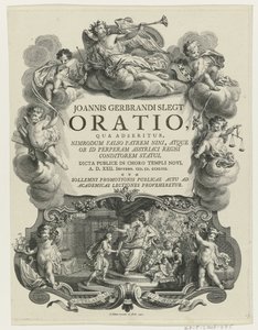 Minerva krönt einen jungen Mann mit einer Urkunde Titelblatt für: J.G. Slegt, Oratio, qua adseritur, Nimrodum falso patrem Nini (...), 1747 von Simon Fokke