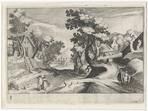 Waldreiche Hügellandschaft mit Gebäuden und Figuren