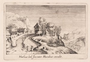 Landschaft mit einem Weg auf einen Berg durch ein Dorf, aus Topographia Variarum Regionum