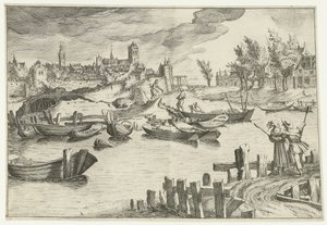 Flusslandschaft mit einer Stadt im Hintergrund