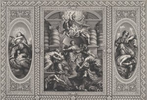 James I ernennt Charles zum König von Schottland in der Mitte, Minerva durchbohrt Unwissenheit rechts, 1720 von Simon Gribelin