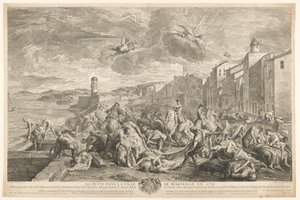 Opfer der Beulenpest werden in La Tourette, Marseille, entfernt. Die Pest in der Stadt Marseille im Jahr 1720 (Titel auf dem Objekt) von Simon Henri Thomassin