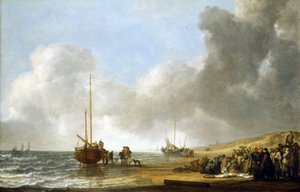 Eine Szene am Strand von Scheveningen (Den Haag, Niederlande), das Meer links und Sanddünen rechts, in der Mitte ein Fischerboot auf dem Kiel und eine Gruppe von Fischern von Simon Jacobsz. Vlieger
