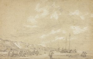Fischer beim Trocknen der Netze am Strand von Scheveningen
