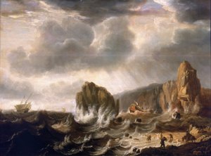 Schiffswrack an einer felsigen Küste von Simon Jacobsz. Vlieger