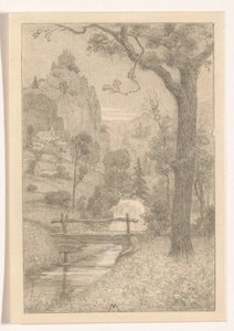 Berglandschaft mit Wasserfall und Brücke