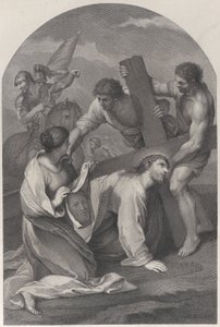 Christus unter dem Gewicht des Kreuzes zu Boden gefallen, mit zwei Männern, die helfen, ca. 1729
