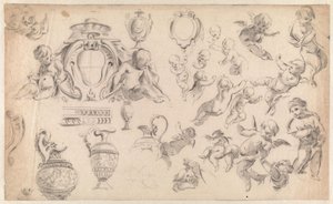 Studie für eine Dekoration mit Putti und Ornamenten von Simon Vouet