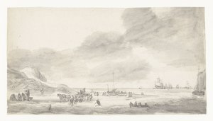 Strandansicht mit Muschelfischern und Spaziergängern