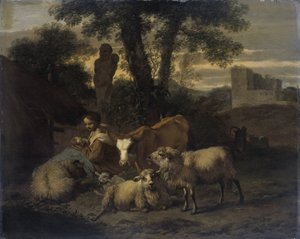 Italienische Landschaft mit Schäferin und Herden von Simon van der Does