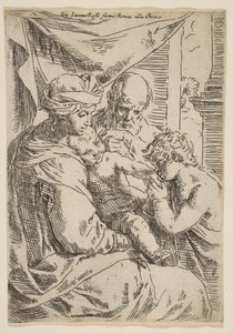 Heilige Familie mit Johannes dem Täufer, der die Hand des Jesuskindes küsst