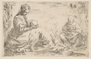 Ruhe auf der Flucht nach Ägypten, Maria hält und schaut auf das Jesuskind, während St...., ca. 1637