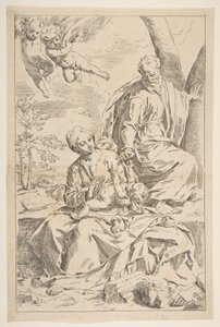 Ruhe auf der Flucht nach Ägypten, Maria hält das Jesuskind, während St. Joseph..., ca. 1639