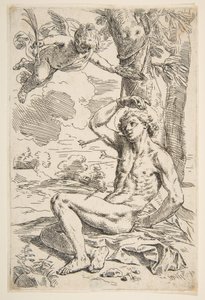 Heiliger Sebastian, mit Pfeilen durchbohrt und an einen Baum gebunden von Simone Cantarini
