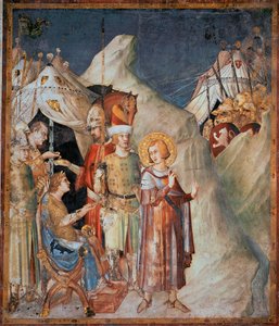 Episoden aus dem Leben des Heiligen Martin: "Heiliger Martin von Tours verzichtet auf Waffen" Fresko von Simone Martini (1285-1344). 1312-1317 - Dim 265x230 cm Untere Basilika des Heiligen Franziskus von Assisi; Kapelle des Heiligen Martin, Assisi von Simone Martini