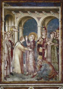 Fresko des Lebens des Heiligen Martin. Der Heilige Martin als Ritter, Detail. Der Bischof Saint Martin de Tours und die Musiker. Gemälde von Simone Martini von Simone Martini