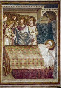 Fresko des Lebens des Heiligen Martin. Der Traum des Heiligen Martin: Christus, umgeben von Engeln, offenbart ihm, dass er der Bettler war, dem er seinen Mantel gegeben hat. Gemälde von Simone Martini (1280-1344). Fresko von Simone Martini