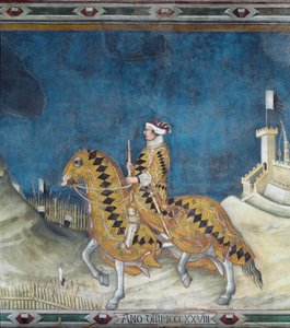 Guidoriccio da Fogliano. Guido Riccio da Fogliano (gestorben 1352), Kommandant (Condottiero) der Armee von Siena, während der Eroberung der Burg von Montemassi in Maremma im Jahr 1328. Fresko von Simone Martini (1284-1344)