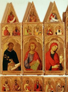 Heiliger Dominikus, Heiliger Johannes Evangelist, Heilige Maria Magdalena. Detail des Polyptychons der Heiligen Katharina von Alexandria von Simone Martini