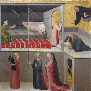 Das Wunder des Kindes, das aus seiner Wiege fällt: die drei Frauen, die am unteren Rand der Szene sprechen. Teil des Triptychons Geschichte des Eremiten von St. Augustinus von Simone Martini