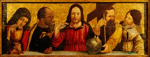 Das letzte Abendmahl, Detail aus der Predella eines Polyptychons von Simone da Firenze, Malerei auf Holz, Kirche der Heiligen Peter und Paul, San Chirico Raparo, Potenza, Italien (Detail)