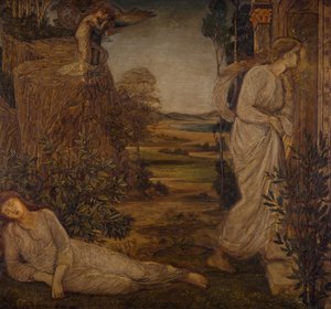 Amor und Psyche - Palastgrüne Wandgemälde - Zephyrus trägt Psyche zum Berg von Sir Edward Coley Burne Jones