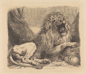 Studie aus der Natur; ein Löwe unter Felsen, brüllend, ein menschlicher Schädel unten rechts von Sir George Hayter