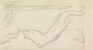 Studie für Buntglas, ein Otter und zwei Fische von Sir John Everett Millais