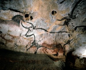 Paläolithische Kunst von Stieren, Hirschen und Pferden auf Kalksteinhöhlenwänden, Lascaux, Frankreich von Sisse Brimberg