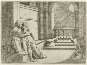 Abimelech sieht Isaak Rebekka liebkosen