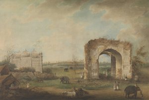 Ansicht einer Moschee und eines Tors in Motijhil, ca. 1814-23