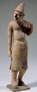 Chinesische Kunst: Sogdian, barbarische Terrakottafigur mit spitzem Hut, die Seide trägt