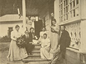 Russischer Autor Leo Tolstoi mit Familie am Geburtstag seiner Frau, Russland, 1900er Jahre