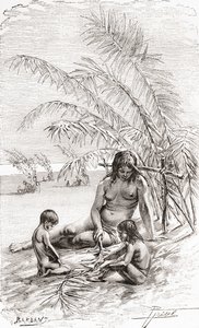Eine Familie von Sápura-Eingeborenen auf einer Sandbank am Napo-Fluss, Ecuador