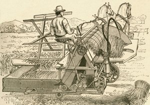 Eine Erntemaschine, von Pferden gezogen, die die Getreidebündel mechanisch band, verwendet im späten 19. Jahrhundert. Aus El Museo Popular, veröffentlicht in Madrid von Spanish School