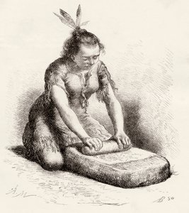 Eine einheimische Guayan-Frau beim Kornmahlen (Gravur)
